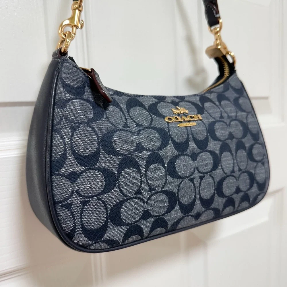 Coach Teri Shoulder Bag Signature Chambray Leather Trim